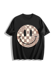 Retro Smiley Face Leopard Cotton T-Shirt in Black