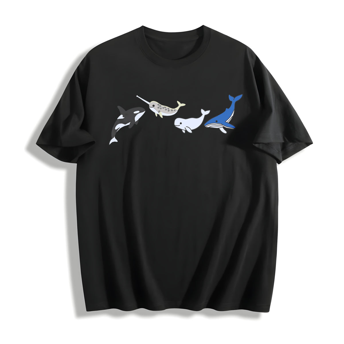 Marine Life Embroidered Cotton T-Shirt in Black