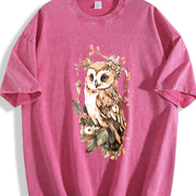 Green Leaf Owl Fashionable Elegant Vintage Washed T-Shirt in Red