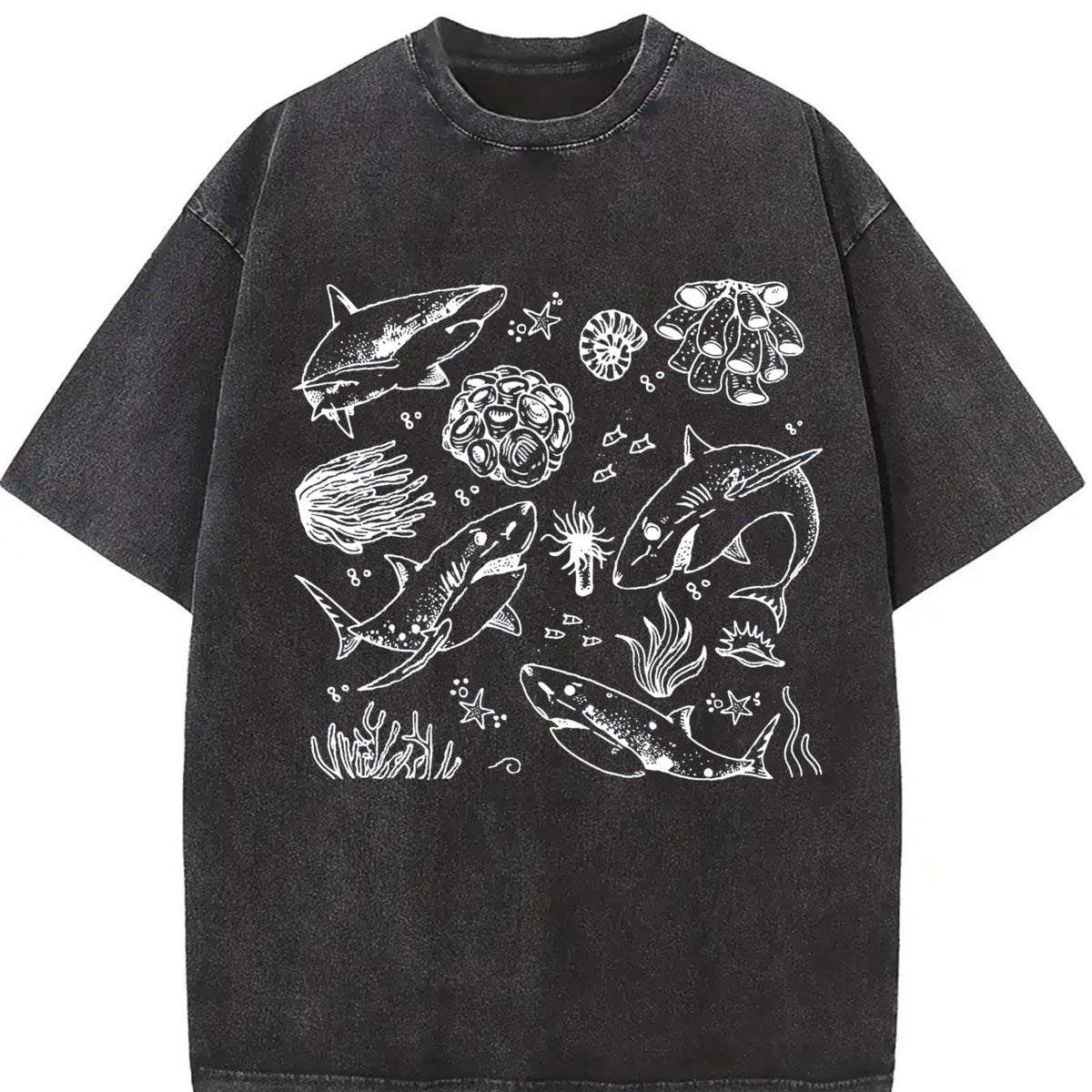 Shark Boho Marine Biologist Ocean Lovers vintage washed oversized T-shirt in Black