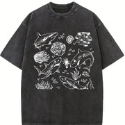 Shark Boho Marine Biologist Ocean Lovers vintage washed oversized T-shirt in Black