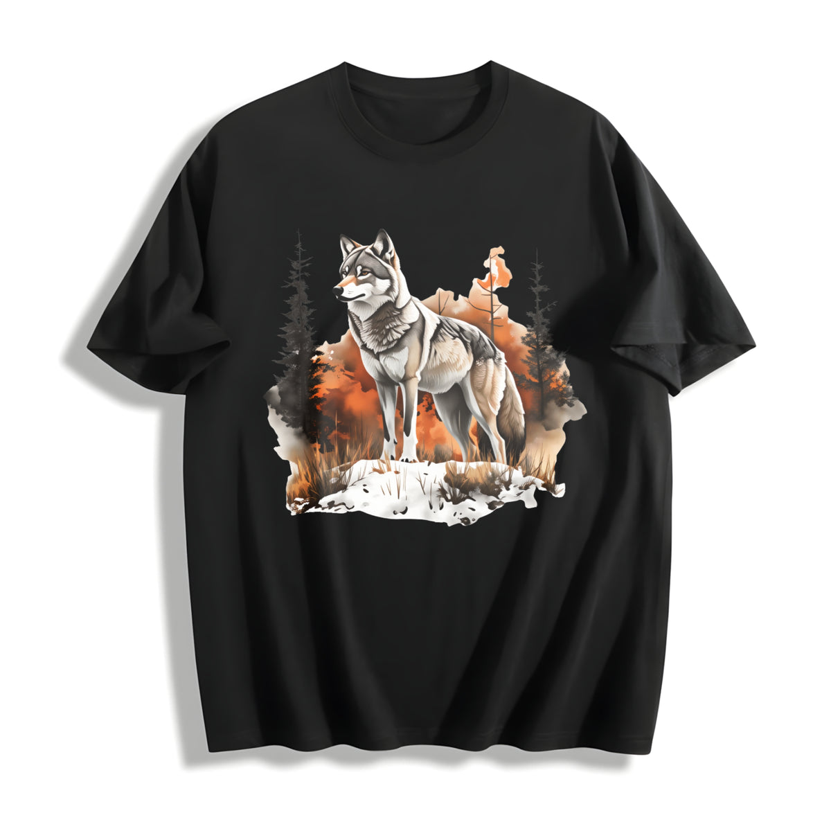 Winter: Gray Wolf in a Forest Snowscape Cotton T-Shirt in Black