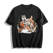 Winter: Gray Wolf in a Forest Snowscape Cotton T-Shirt in Black