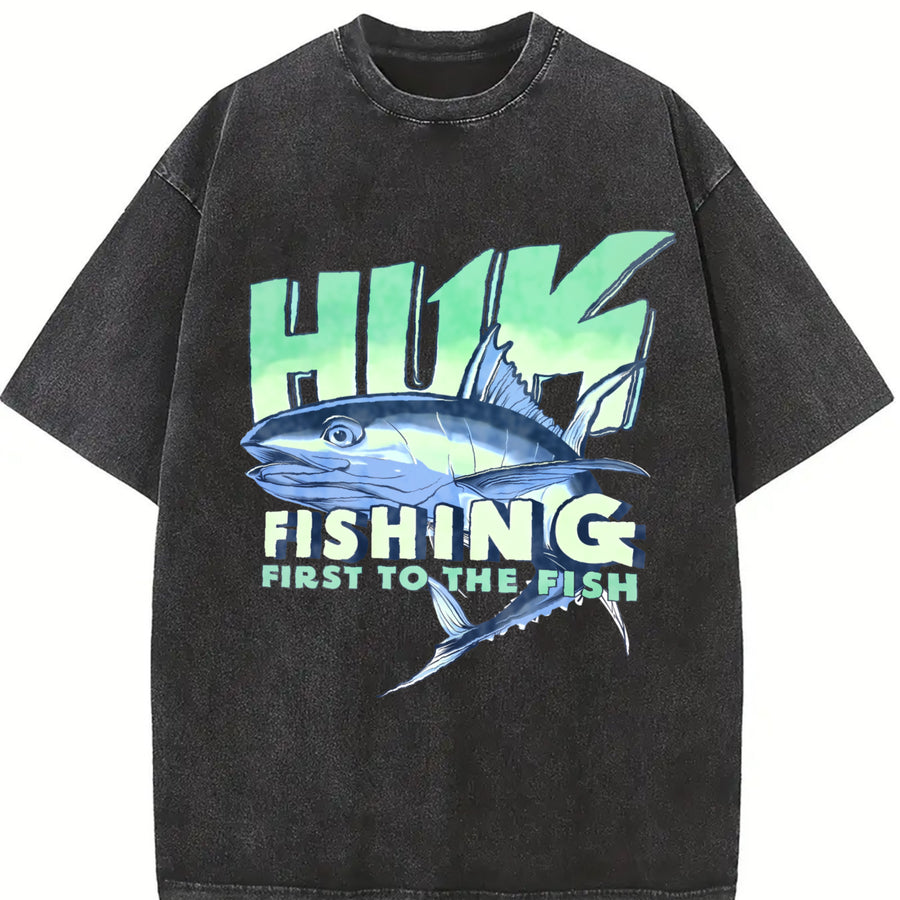 Fishing Tank Angler Outdoor Workout Vintage Washed T-Shirt in Black
