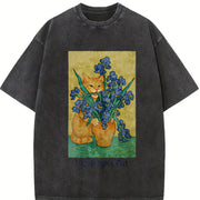 Van Gogh Cat Art Vintage Washed T-Shirt in Black