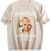 Humorous Monkey My Mind Is a Dangerous Place Slogan Party vintage washed oversized T-shirt in Beige