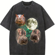 Three Hippo Retro Silly Hippo Moon Vintage Washed T-Shirt in Black