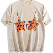 Retro Leopard Star Vintage Washed T-Shirt in Beige