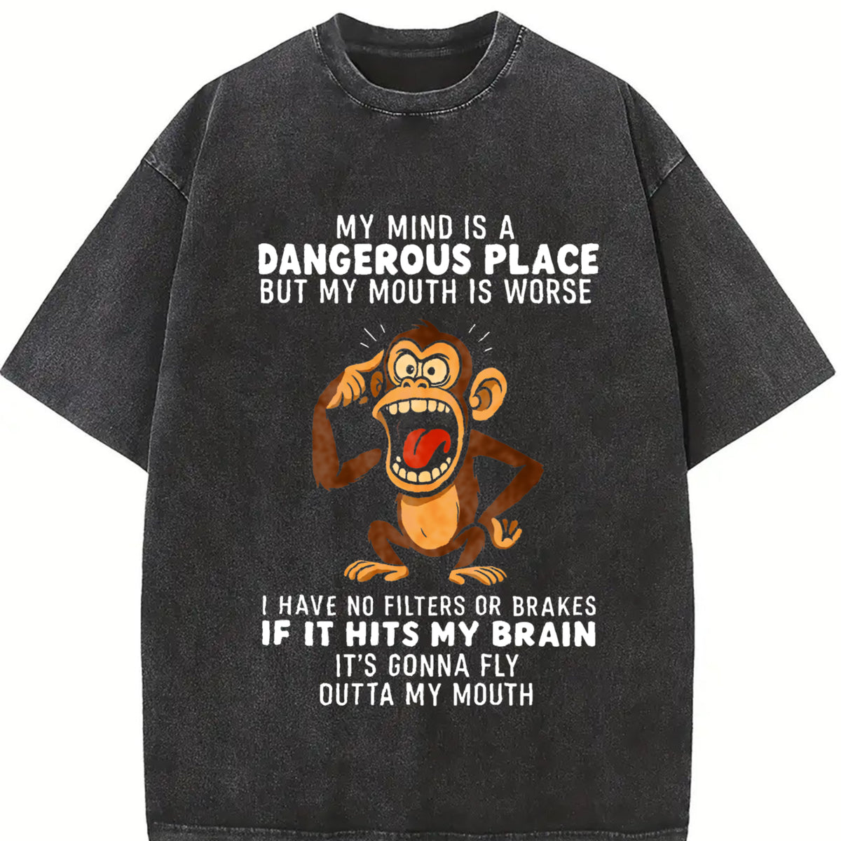 Humorous Monkey My Mind Is a Dangerous Place Slogan Party vintage washed oversized T-shirt in Black