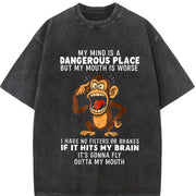 Humorous Monkey My Mind Is a Dangerous Place Slogan Party vintage washed oversized T-shirt in Black