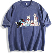 Interesting Cat Book Wishing You Happiness Pure vintage washed oversized T-shirt in Blue
