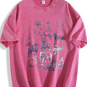 Wild Animals Retro Animal Drawing Vintage Washed T-Shirt in Red