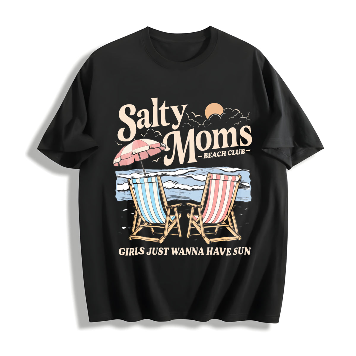 Salty Moms Beach Club Instant Retro Beach Girl Cotton T-Shirt in Black