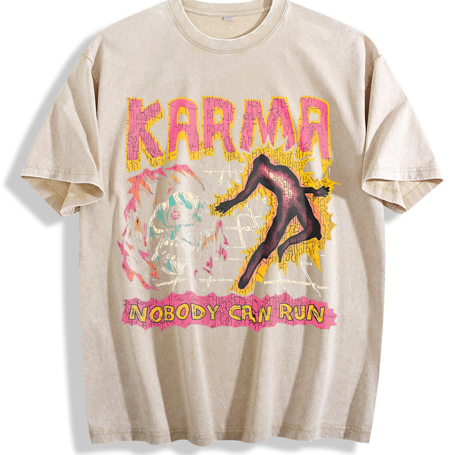 Karma Nobody Can Run Skull Sleeveless Tank Vintage Washed T-Shirt in Beige