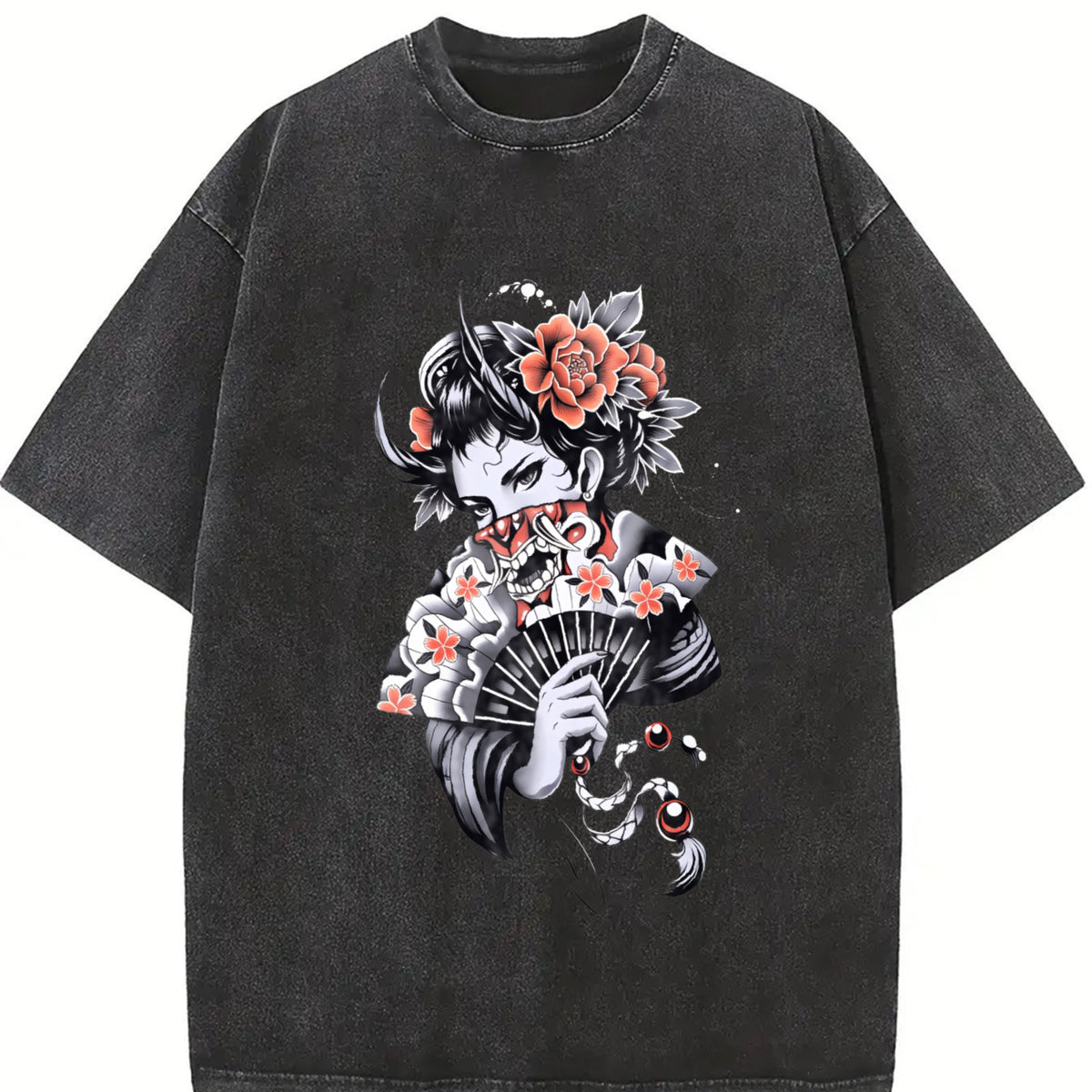 Laundered Retro Batik with Anti-dye Vintage Washed T-Shirt in Black
