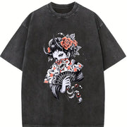 Laundered Retro Batik with Anti-dye Vintage Washed T-Shirt in Black