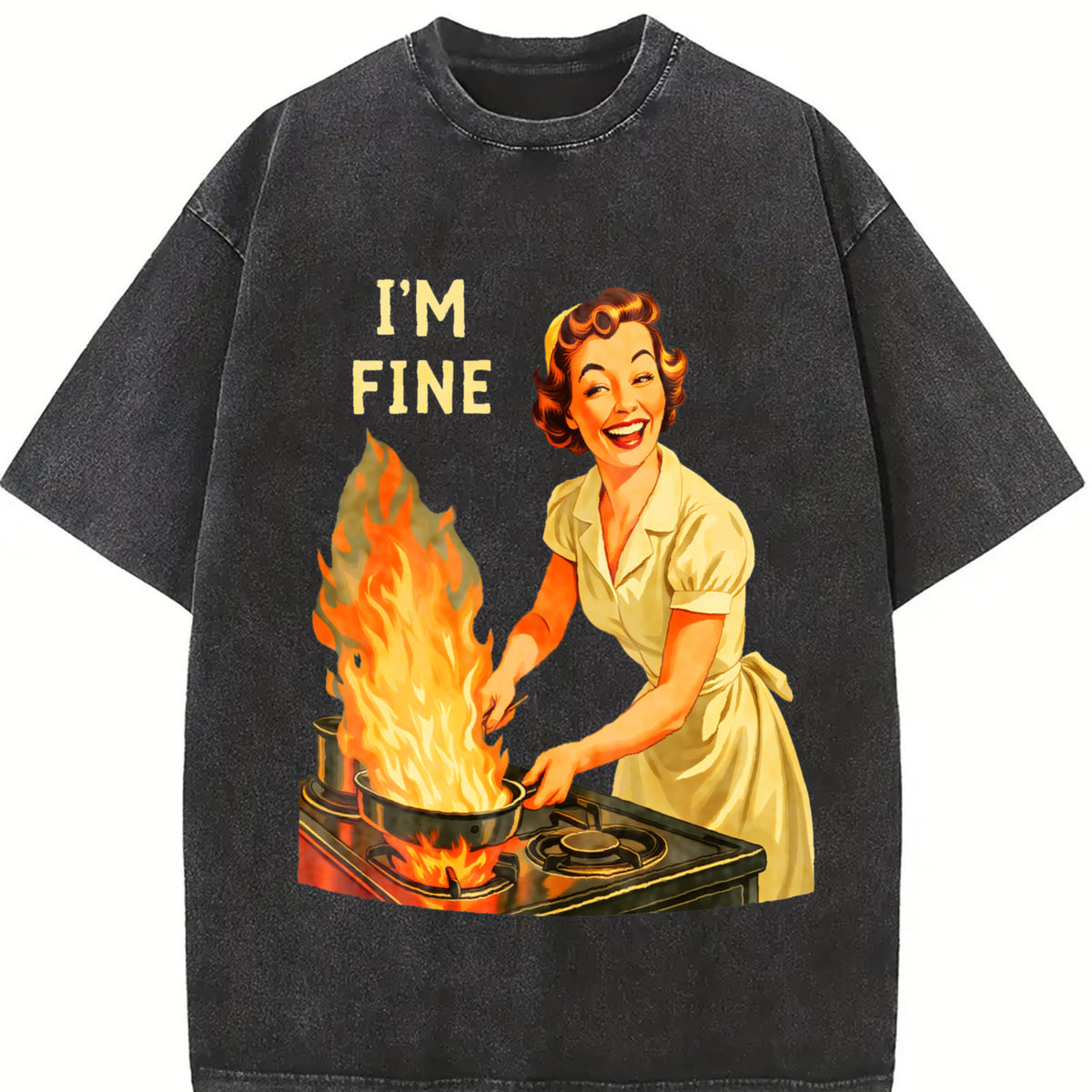 I Am Fine Retro Housewife Vintage Washed T-Shirt in Black