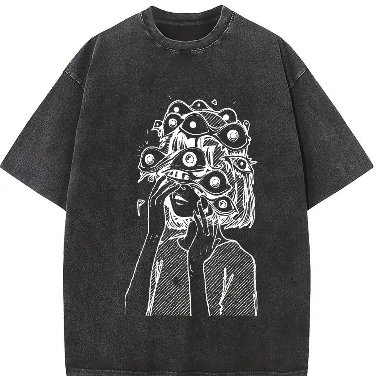 Distressed Short-sleeved American Retro Vintage Washed T-Shirt in Black
