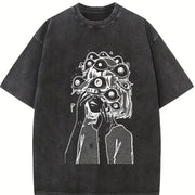 Distressed Short-sleeved American Retro Vintage Washed T-Shirt in Black