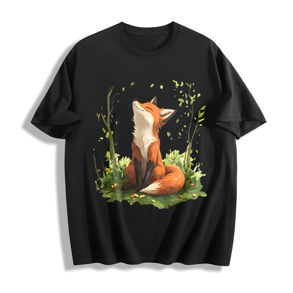 Autumn a Spring Floral and Fox Round-neck Short-sleeve Cotton T-Shirt in Black
