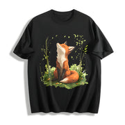 Autumn a Spring Floral and Fox Round-neck Short-sleeve Cotton T-Shirt in Black