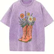 Cowgirl Boots Wildflowers Retro Western Country Girl vintage washed oversized T-shirt in Purple