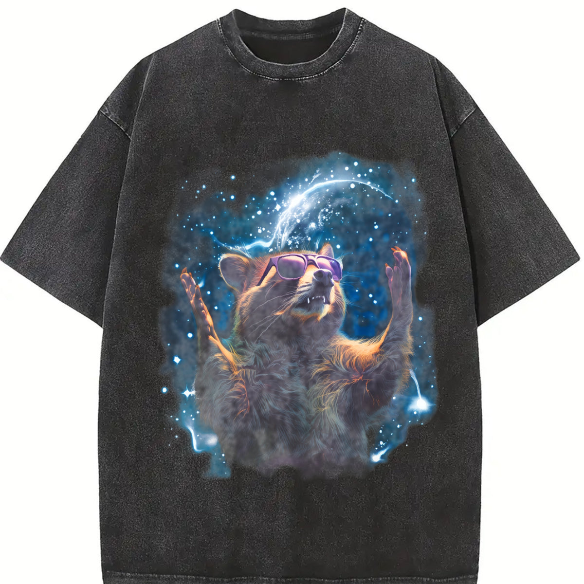 Alpha Raccoon in Space 90s Vintage Washed T-Shirt in Black