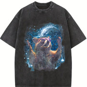 Alpha Raccoon in Space 90s Vintage Washed T-Shirt in Black