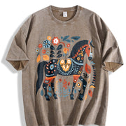 Bohemian Horse & Floral Vintage Washed T-Shirt in Brown