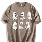 Ghost Reading Book Lover Vintage Washed T-Shirt in Brown