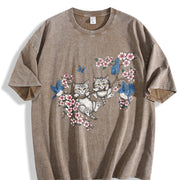 Kitten Cute Cats & Bluebirds Floral Vintage Washed T-Shirt in Brown