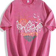 Floral Mountain Sunrise Vintage Washed T-Shirt in Red