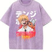 Aki Metal Chainsaw Man Vintage2 O-neck Denji Makima Aki vintage washed oversized T-shirt in Purple