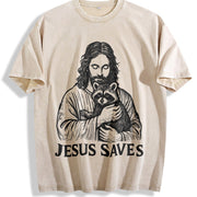Retro Religious Jesus Hugs Raccoon Christ Vintage Washed T-Shirt in Beige