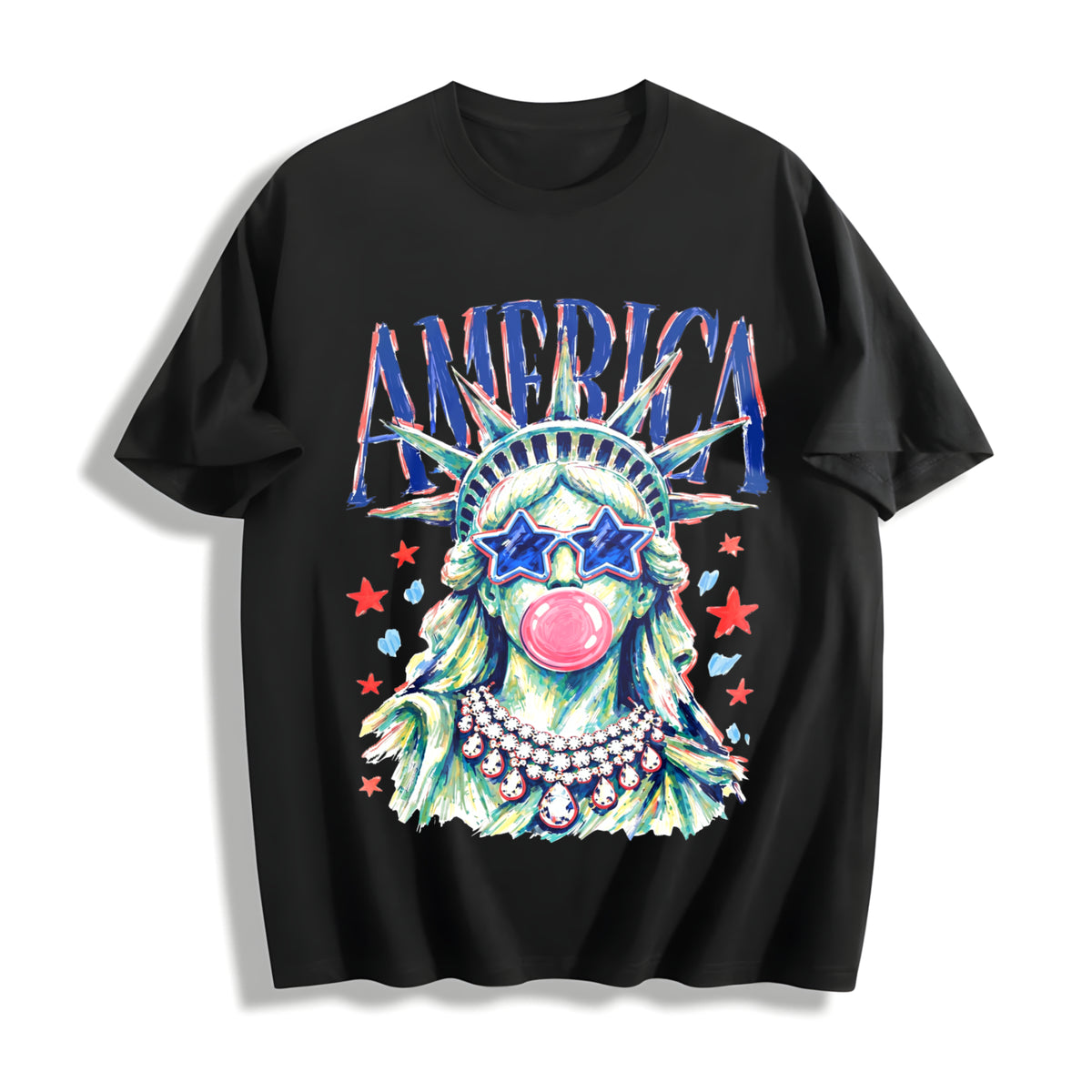 America Statue of Liberty Blowing Bubble Gum Cotton T-Shirt in Black