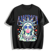 America Statue of Liberty Blowing Bubble Gum Cotton T-Shirt in Black