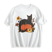 Halloween Holiday Animal Cat Floral Pumpkin One-piece Cotton T-Shirt in White