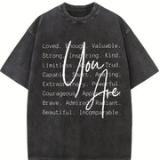 Inspirational Quote 'You Are Loved & Valued' Vintage Washed T-Shirt in Black
