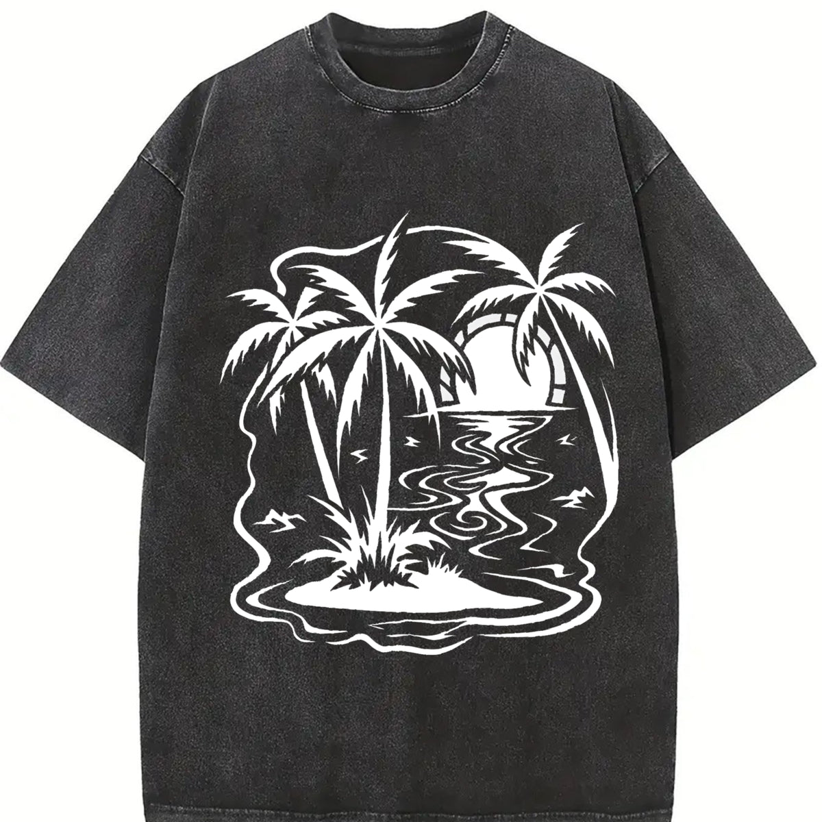 Tropical Palm Sunset Vintage Washed T-Shirt in Black