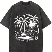 Tropical Palm Sunset Vintage Washed T-Shirt in Black