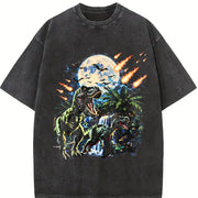 Dinosaur 90s Retro T-rex & Raptor Vintage Washed T-Shirt in Black