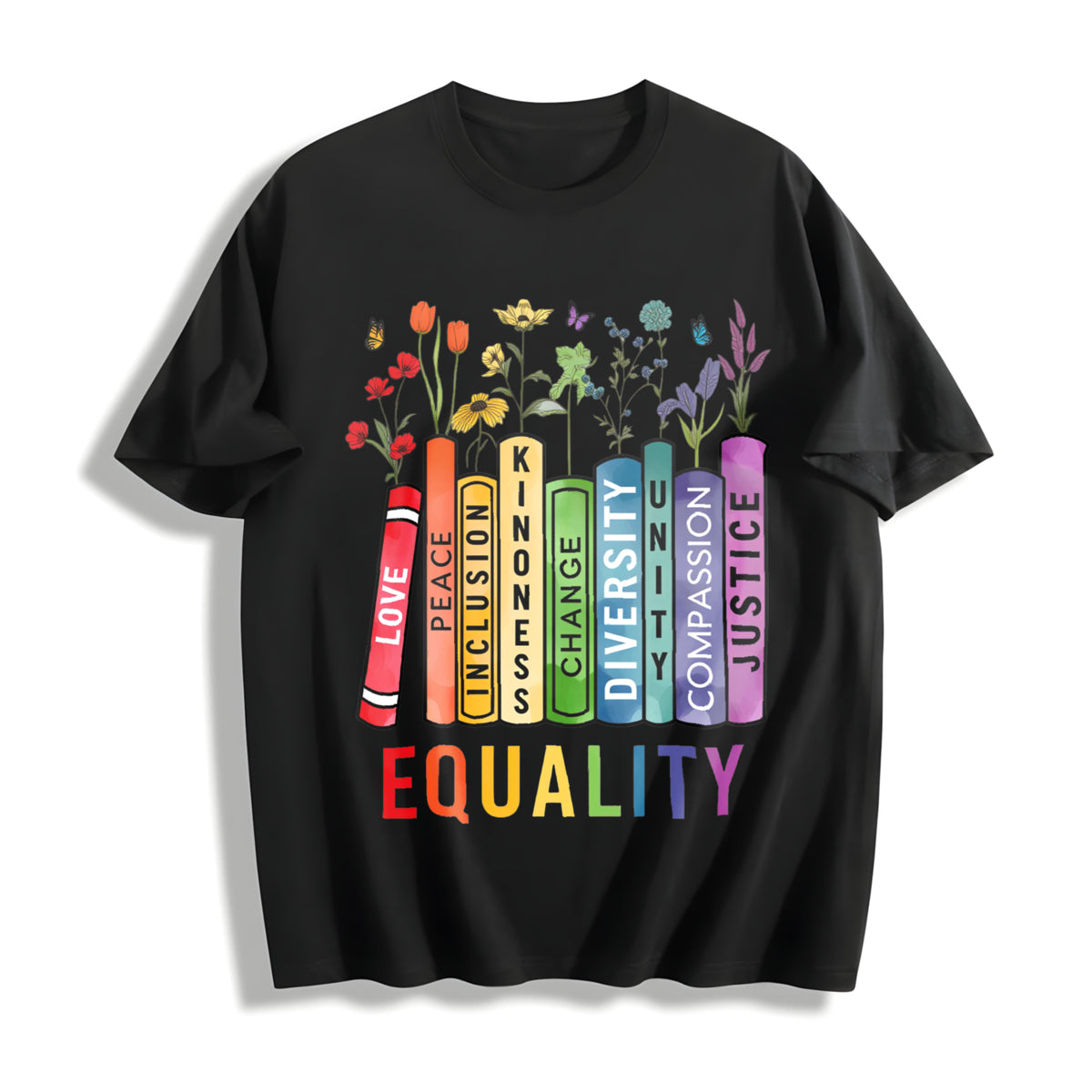Equal Rights Book Flower Cotton T-Shirt in Black