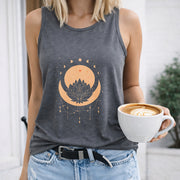 Moon Lotus and Stars Crew-neck Sleeveless Vest Outdoor Women's Color Cotton Tank Top in Gray