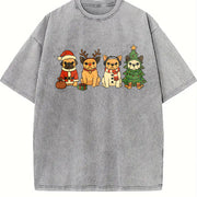 Christmas French Bulldog Vintage Washed T-Shirt in Gray