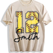 Custom Softball Personalized Softball Number Vintage Washed T-Shirt in Beige