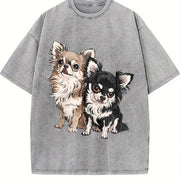 Long-haired Chihuahua Vintage Washed T-Shirt in Gray