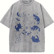Retro Cats in Space with Stars and Planets 90s Vintage Washed T-Shirt in Gray