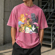 Retro Kitten 90s Cute Cats Pullover Vintage Washed T-Shirt in Red