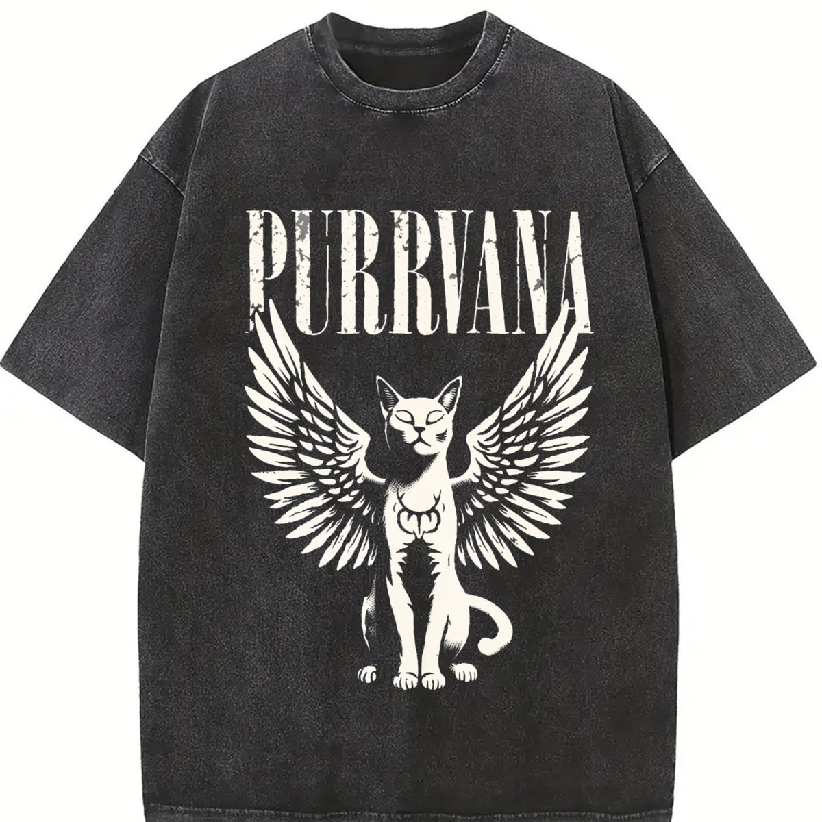 Retro Purrvana Cat with Wings Vintage Washed T-Shirt in Black