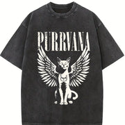 Retro Purrvana Cat with Wings Vintage Washed T-Shirt in Black